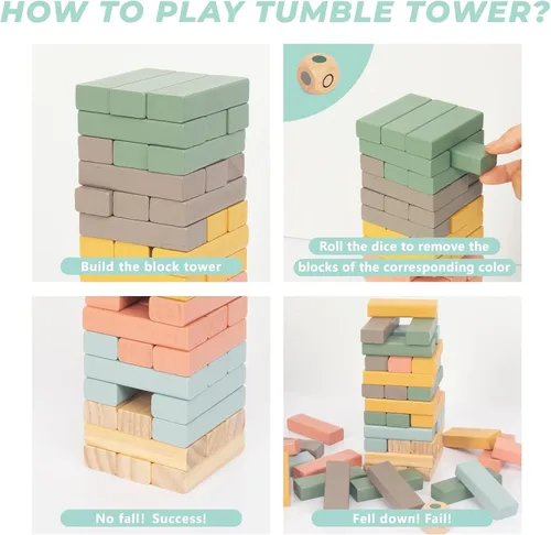 Miniatura 3 de Juegos de apilamiento de bloques de madera, 48 piezas de bloques apilables para niños y familias, bloques de equilibrio coloridos de madera