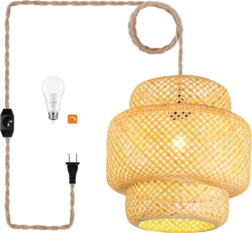 Lámpara colgante de ratán para enchufar, con cable de enchufe, lámpara colgante de bambú regulable, tejida a mano estilo bohemio, pantalla de