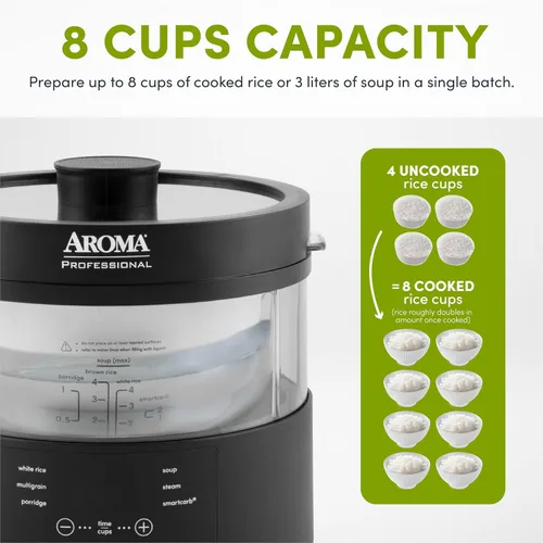 Miniatura 6 de Aroma Housewares Multicooker SmartCarb profesional de 8 tazas (cocidas) y vaporizador de alimentos con bloqueo de sabor para arroz y granos bajos