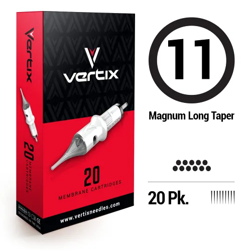 Miniatura 2 de Vertix - 11 Magnum - Paquete de 20 cartuchos de máquina de tatuaje de membrana - Punta desmontable transparente, minimiza la vibración de la máquina