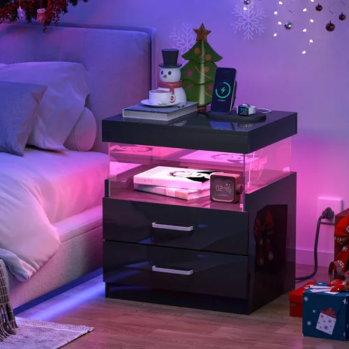 Miniatura 2 de WelFurGeer Mesita de noche de alto brillo, mesita de noche LED negra con estación de carga, mesita de noche con cajones, mesitas de noche modernas
