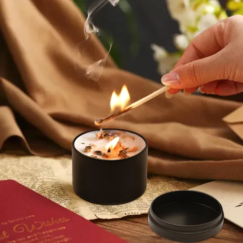 Miniatura 8 de Paquete de 12 tarros de velas, latas de velas de 8 onzas con tapas, tarros de velas de metal vacíos para hacer velas a granel, color negro Negro