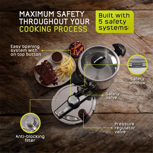 Miniatura 3 de Universal Olla a presión Silver Express de 6.3 cuartos de galón + tapa de vidrio extra (15 PSI/100 kPa) con sistema de apertura fácil, olla a