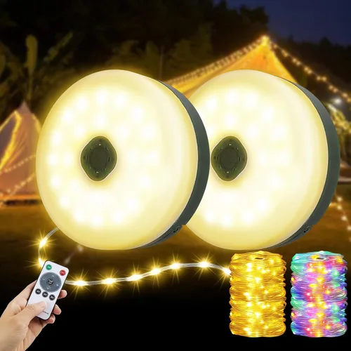 Miniatura 11 de Cadena de luces de campamento de 33 pies, 100 LED, 4 en 1, recargable, 100 LED, para exteriores, con 14 modos de iluminación, control remoto