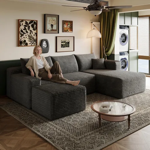 Miniatura 27 de Sofá modular en forma de L de 96 pulgadas con diván, moderno y cómodo sofá de pana para sala de estar, sofá de espuma viscoelástica, no requiere
