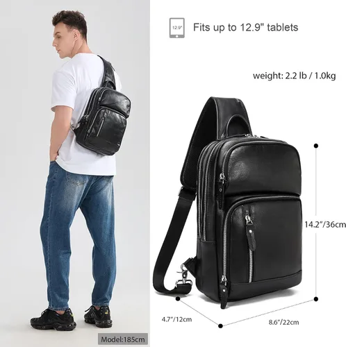 Miniatura 6 de LANNSYNE Bolso bandolera de cuero de grano completo para hombre, mochila cruzada en el pecho para iPad de 12.9 pulgadas