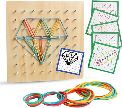 Miniatura 2 de Tablero geométrico de madera para niños - Juguete educativo Montessori STEM con tarjetas de patrones y bandas de goma, rompecabezas de formas