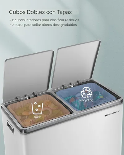 Miniatura 3 de SONGMICS Bote de basura, 2 botes de basura de 8 galones (2 x 30 L) para cocina, con 15 bolsas de basura, 2 compartimentos, cubos interiores