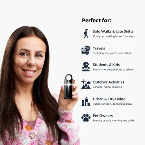 Miniatura 4 de VOLTEK Alarma personal de metal para mujer (negro) – Llavero de alarma de seguridad de autodefensa de 140 dB, alarma de emergencia recargable USB-C