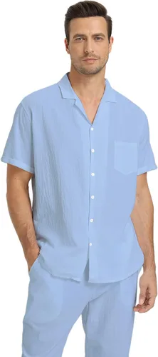 Miniatura 24 de RPOVIG Conjunto de camisa de lino y pantalones: conjuntos de lino de 2 piezas para hombre, camisas de manga corta, pantalones de yoga, trajes