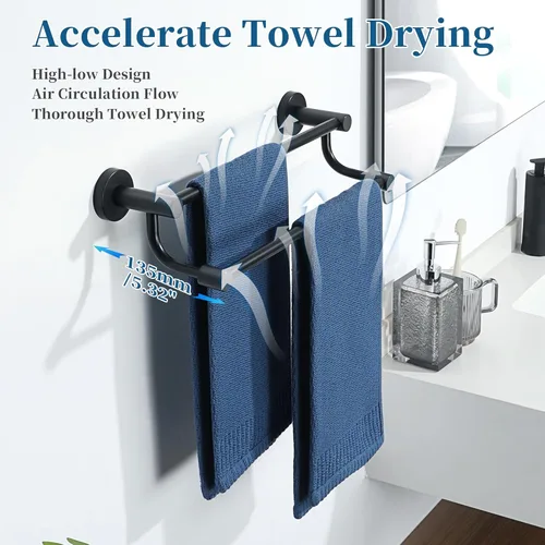 Miniatura 4 de Alise Toallero doble, toallero de 16 pulgadas para baño, soporte de toalla de montaje en pared, toallero de secado rápido, toallero de acero Negro