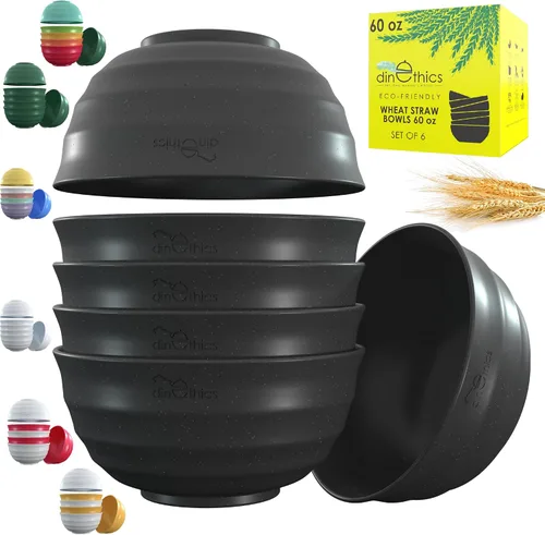 Tazones negros de paja de trigo de 60 onzas, cuencos profundos y grandes aptos para lavavajillas, aptos para microondas, juego de 6 cuencos grandes