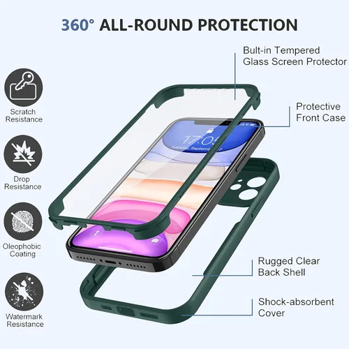 Miniatura 2 de Funda compatible con iPhone 11, diseño transparente de cuerpo completo con protector de pantalla integrado, a prueba de golpes, antiarañazos, Verde