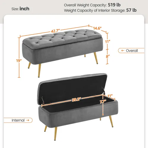 Miniatura 3 de Yaheetech Otomana con almacenamiento, 2 piezas, banco de entrada de terciopelo con bisagra de seguridad, banco tapizado con asiento para dormitorio