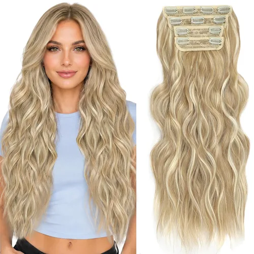 Miniatura 37 de ALXNAN Extensiones de cabello sintético largo y ondulado con clip, de 16 pulgadas, color negro natural, 4 piezas gruesas, fibra de doble trama