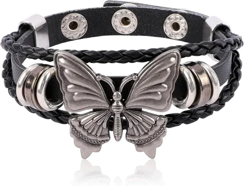 Pulseras de mariposa de cuero vintage para mujeres y niñas, aleación punk, ajustable, bohemio, multicapa, trenzadas, pulseras para decoración de