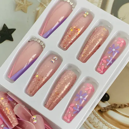 Miniatura 5 de Uñas postizas a presión tipo ataúd súper largas, 24 uñas postizas reutilizables de cobertura completa con pestañas adhesivas, uñas postizas