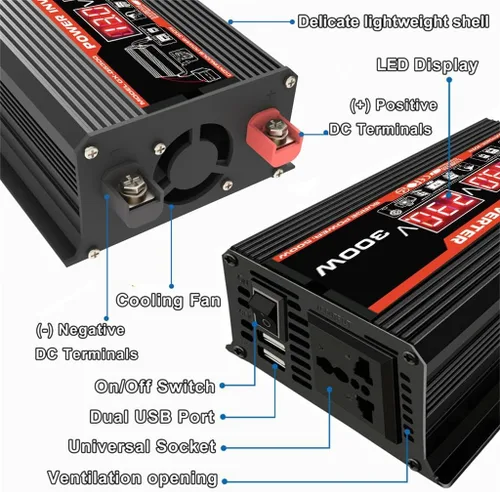 Miniatura 3 de Inversor de corriente de onda sinusoidal pura de 300 W, inversores de corriente de 12 V a 110 V/220 V para vehículos, adaptador de convertidor