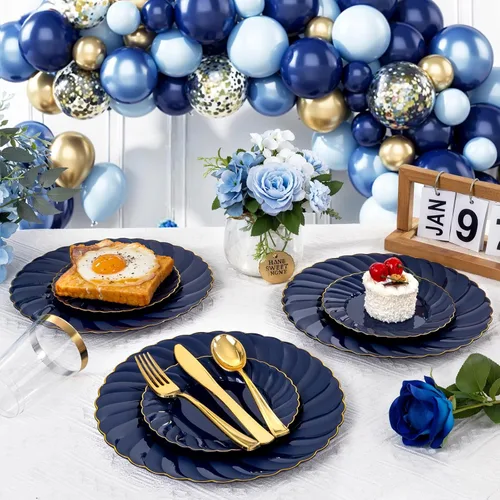 Miniatura 4 de YOUBET Paquete de 100 platos de plástico festoneado azul, platos desechables azul marino de 6.5 pulgadas, elegante plato de postre vintage de alta