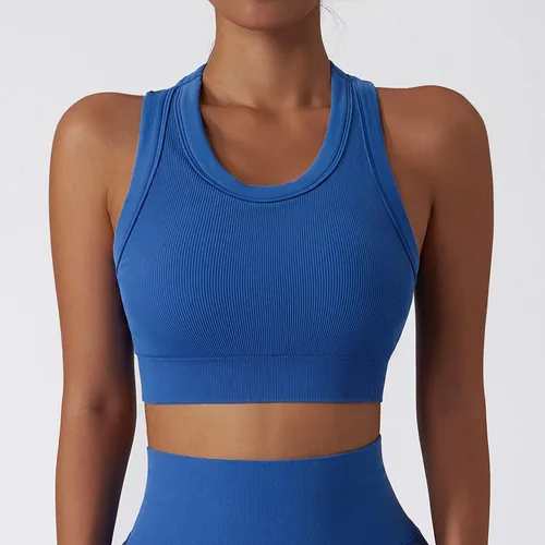 Miniatura 56 de Conjuntos de entrenamiento para mujer, 2 piezas, sin costuras, acanalada, sin mangas, brasier deportivo, cintura alta, pantalones cortos