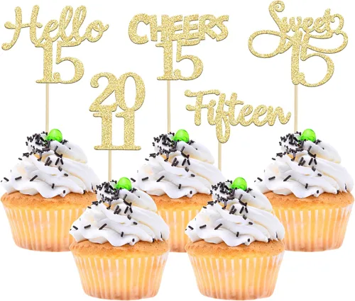 Miniatura 39 de Gyufise Paquete de 24 adornos negros para cupcakes de 10.º cumpleaños con purpurina negra 10 Ten Hello 10 Dights dobles desde 2015 para decoraciones