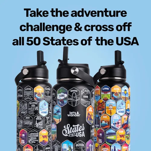 Miniatura 4 de LET'S WANDER Lets Wander 50 States - Botella de agua con calcomanías impermeables, acero inoxidable aislado a prueba de fugas de 32 onzas