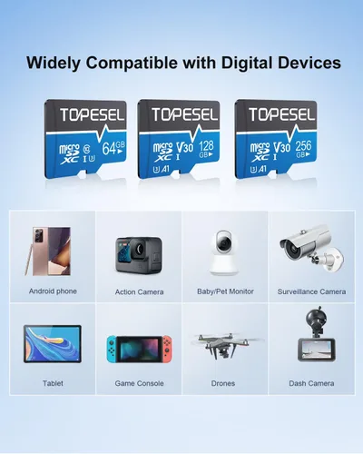 Miniatura 7 de TOPESEL - 2 tarjetas Micro SD de 256 GB, 4K HUD, tarjeta SDXC TF U3 con adaptador, tarjeta Micro Flash de alta velocidad UHS-I V30 para teléfonos