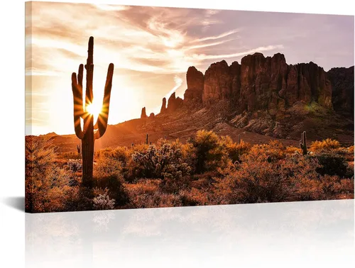Derkymo Arizona - Cuadros de paisaje de cactus del desierto occidental sobre lienzo, impresión artística de superstición, montañas, puesta de sol,
