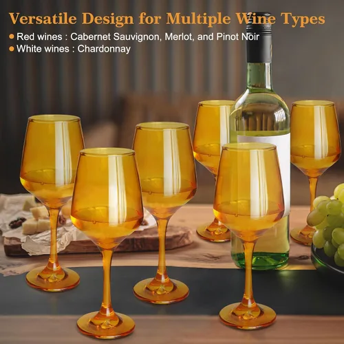 Miniatura 7 de Juego de 6 copas de vino ámbar con tallo de 12 onzas, gruesas y coloridas, aptas para lavavajillas, para rojo o blanco, regalo para fiestas