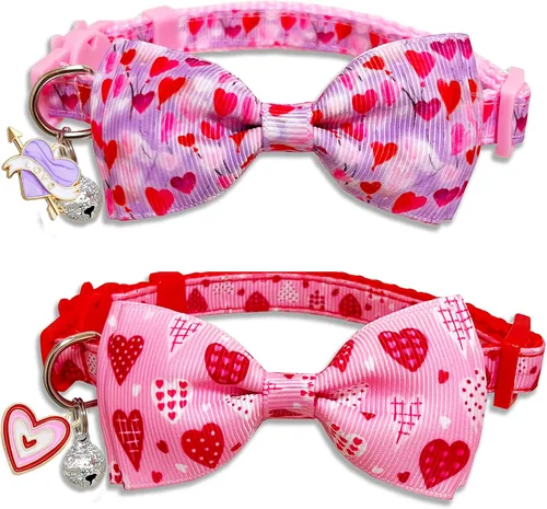 Miniatura 8 de Juego de collar de gato con pajarita de San Valentín con campana, collar de gato con corazón rosa para niños y niñas, gatitos
