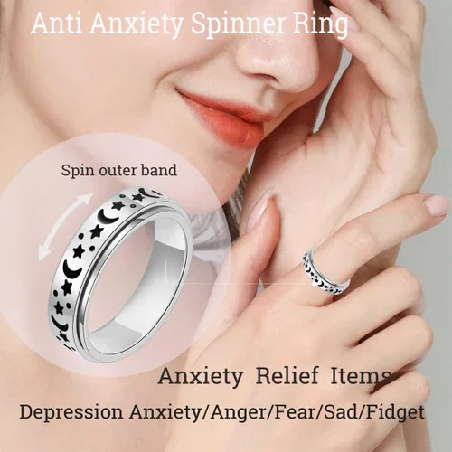 Miniatura 3 de OreilleStar Anillo de Ansiedad para Mujeres Anillo Fidget de Acero Inoxidable Juguetes Fidget para Adultos Anillos Giratorios Plateados Luna