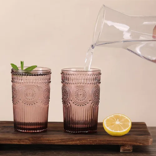 Miniatura 4 de Darlion Juego de vasos de vidrio vintage de 4 vasos de 13 oz de alta copa púrpura, vasos de agua con relieve, vasos de vidrio para jugo, cerveza