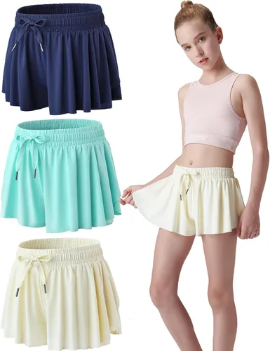 Miniatura 8 de Paquete de 3 pantalones cortos fluidos para niñas con forro de elastano, 2 en 1, faldas de mariposa para jóvenes, para fitness, correr, deportes