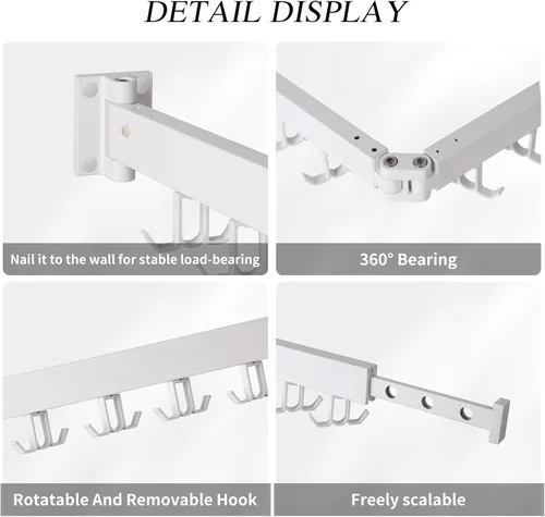 Miniatura 4 de RFOUO Estante de secado de ropa montado en la pared, soporte de pared para ropa con características plegables (plegable), ahorro de espacio, estante