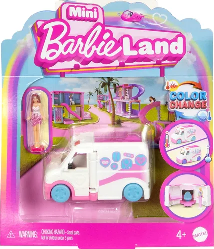 Barbie Mini BarbieLand - Juego de muñeca y vehículo de juguete con muñeca de 1.5 pulgadas, vehículo de clínica de cuidado con cambio de color y