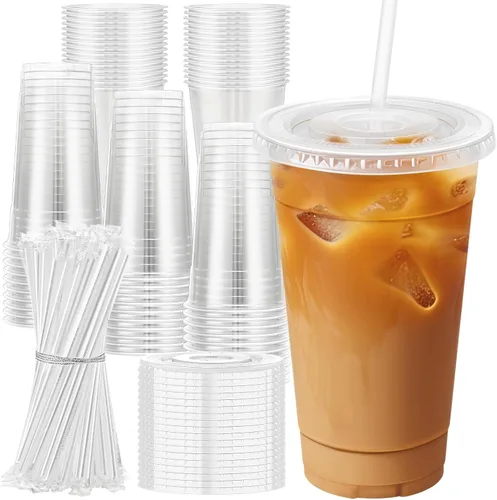 Miniatura 11 de Lamosi Paquete de 100 vasos de plástico transparente de 12 onzas con tapas y pajitas, tazas desechables para café helado con tapas para bebidas