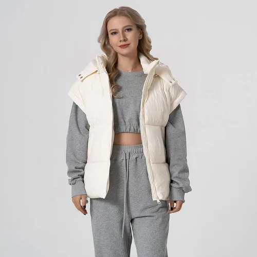 Miniatura 4 de Shiyifa Chaleco acolchado para mujer, chaqueta de gran tamaño, sin mangas, ligera, con cremallera, con capucha desmontable