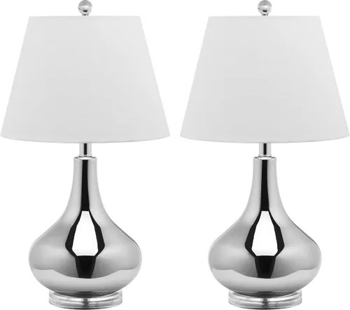 SAFAVIEH Lighting Collection Amy - Juego de 2 lámparas de mesa con cristal de calabaza plateada contemporánea de 24 pulgadas para dormitorio, sala