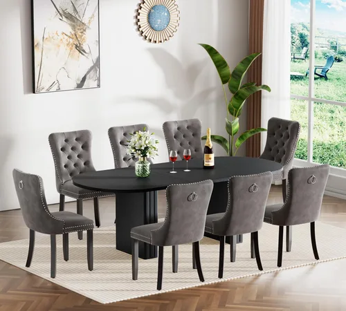 Miniatura 26 de Juego de 4 mesas de comedor extensibles, mesa de comedor ovalada negra y 4 sillas de comedor de terciopelo negro con patas de madera, juego de mesa