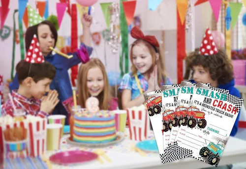Miniatura 4 de 20 invitaciones de fiesta de cumpleaños de Monster Truck con sobres, invitación de fiesta de aplastamiento y choque, tarjetas de invitación