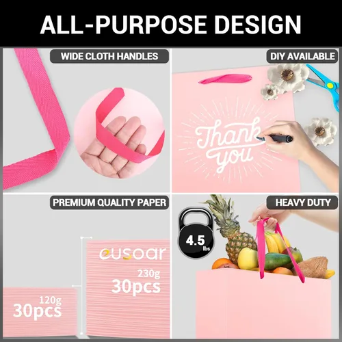Miniatura 3 de EUSOAR Bolsas de regalo pequeñas de color rosa, paquete de 30 bolsas de compras de 8.6 x 3.9 x 7 pulgadas con asas a granel, bolsas de regalo