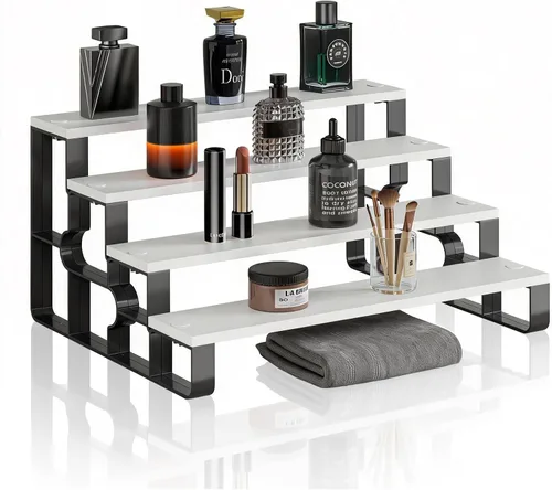 Miniatura 13 de Organizador de encimera de baño con cesta de artículos de tocador, estante de almacenamiento de encimera de baño de 2 niveles con almohadilla