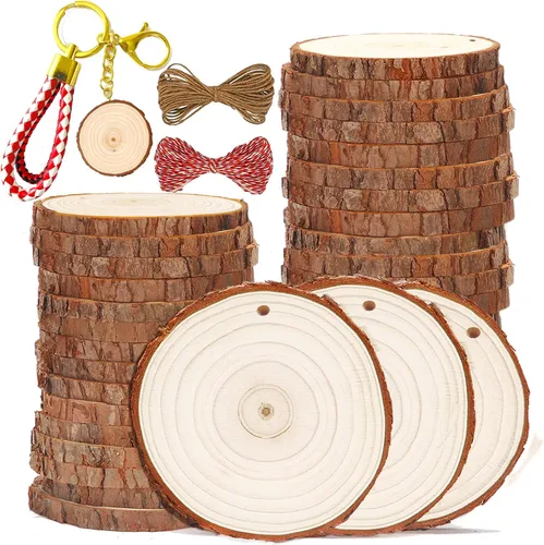 SENMUT - 30 piezas de madera natural de 3.5 a 4.0 pulgadas, círculos de madera sin terminar, adornos navideños de madera para manualidades, kit de