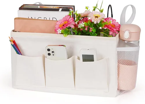 Miniatura 14 de Lilithye Organizador de almacenamiento de cabecera con correas fijas y soporte para botella de agua para el hogar, universidad, dormitorio, Gris