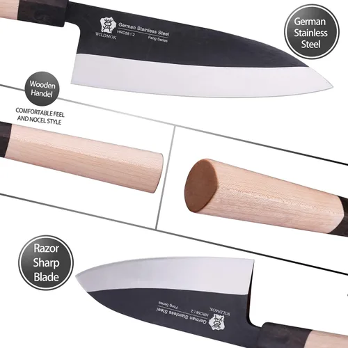 Miniatura 2 de Cuchillo Deba WILDMOK de 7 pulgadas, cuchillo Usuba asiático para salmón, cuchillo Sashimi de acero inoxidable alemán con hoja y mango de madera