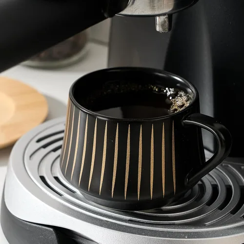 Miniatura 2 de LUKA - Tazas de café de cerámica con platillos y soporte de metal, 4 onzas, tazas de porcelana demitasse para espresso, latte, café, café moca, té