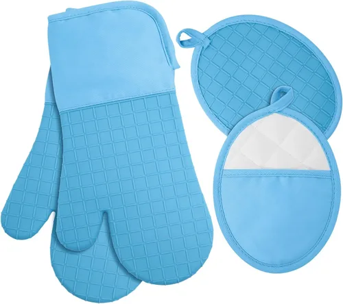 Manoplas de horno y soportes para ollas, 4 juegos, guantes de horno resistentes al calor de 500 ℉ y soporte para ollas, guantes largos para horno