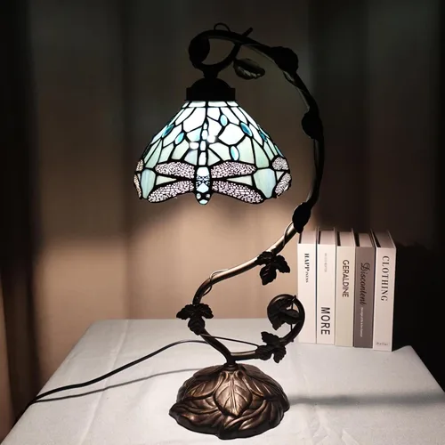 Miniatura 8 de TL0024 Lámpara estilo Tiffany azul mar con libélula, pantalla de vidrio emplomado y base de lámpara de mesa con diseño de vid para dormitorio, sala