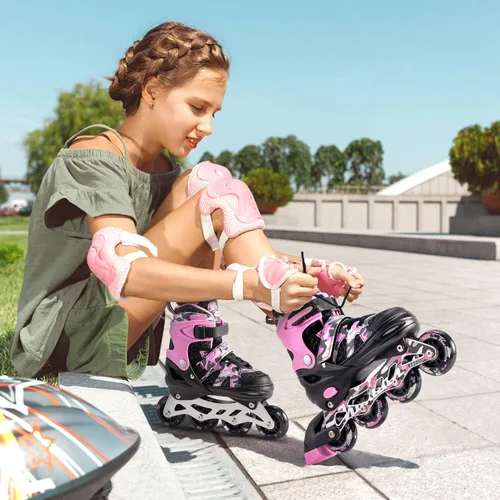 Miniatura 4 de Kuxuan Patines en línea ajustables para niños con ruedas iluminadas, divertidos patines iluminadores para niños, niñas y jóvenes Rosa