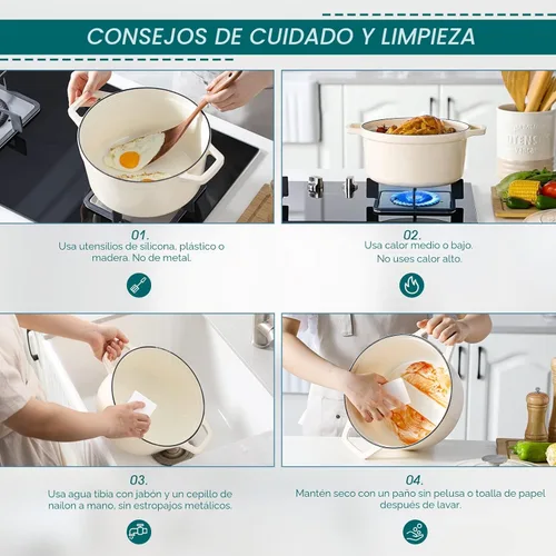 Miniatura 7 de vancasso Horno holandés de hierro fundido, olla redonda de 6 cuartos de galón con tapa y asas dobles, revestimiento de esmalte antiadherente